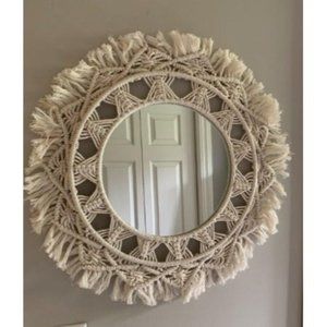 Macrame Hanging Wall Mirror with Boho Fringe Round Decorative Mirror